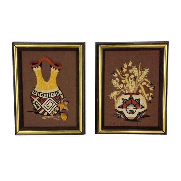 Vintage 70s Southwestern Native American Framed Crewel Embroidery Wall Hangings - Picture 1 of 8